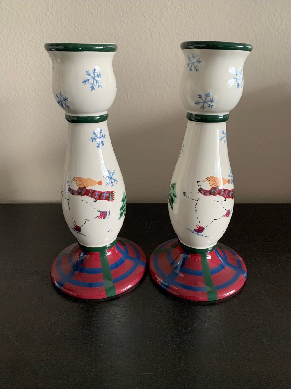 Pfaltzgraff Snow Bear Candle Holders Winter Christmas Polar Ice Skate Set of 2